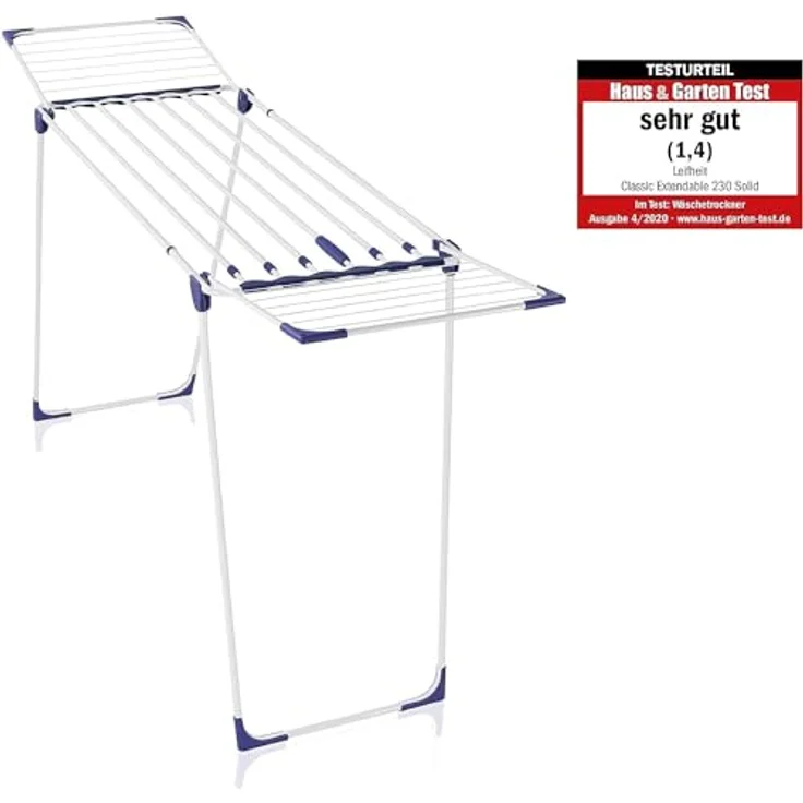 Leifheit Wäscheständer Classic Extendable 230 Solid, auf eine Breite von 184 cm ausziehbar, Standtrockner mit 23m Trockenlänge, stabiler Wäschetrockner mit extradicken XL-Stäben, weiß, blau – Bild 3