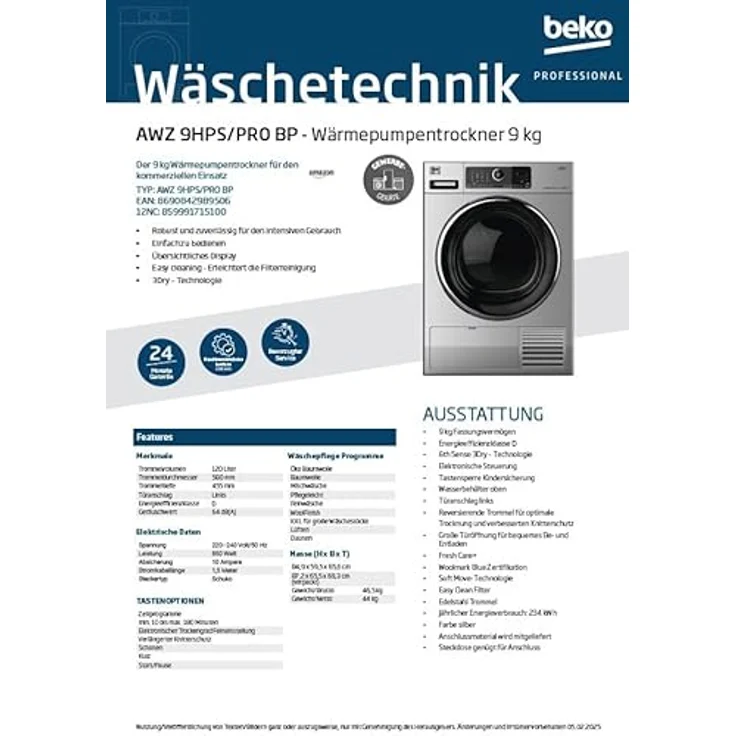 Beko Professional AWZ 9HPS/PRO BP Wärmepumpentrockner, Silberfarben, 9 kg Kapazität, Edelstahltrommel, geräuscharm mit 64 dBA – Bild 5