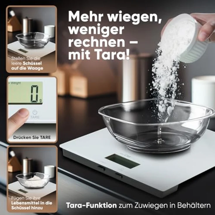 Clatronic KW 3820 Küchenwaage digital, 5 kg, hohe Präzision mit 1 g Schritten, Zuwiegefunktion, stabiles Glas, weiß – Bild 5