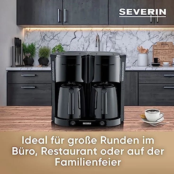 SEVERIN Duo-Filterkaffeemaschine mit Thermokanne, Kaffeemaschine für bis zu 16 Tassen, ansprechende Filtermaschine mit 2 Isolierkannen, schwarz, KA 9315 – Bild 3