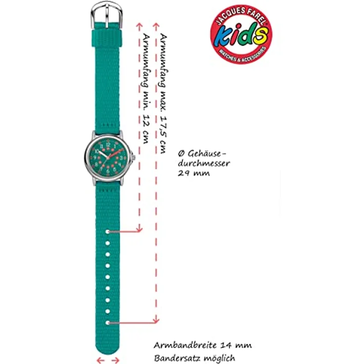 JACQUES FAREL Kinder-Armbanduhr Lernuhr Mädchen Türkis Analog Quarz mit extra weichem Textilband – Bild 4