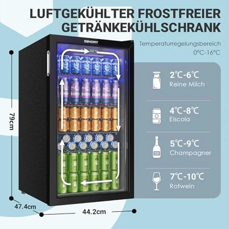 EUHOMY 90L Getränkekühlschrank, Mini-Kühlschrank für 126 Dosen mit Glastür, verstellbaren Regalen und digitaler Temperatureinstellung, Schwarz Edelstahl – Bild 3