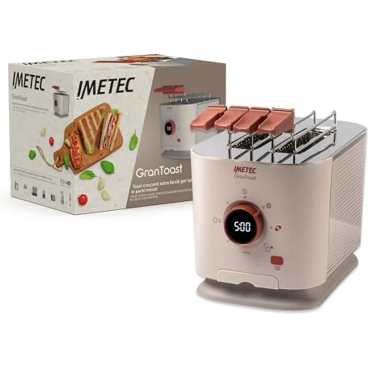 Imetec Grantoast 2-Scheiben-XL-Toaster, Edelstahl mit LED-Anzeige, Digitalem Timer, 7 Bräunungsstufen und Schiebeklemmen für gefüllten Toast