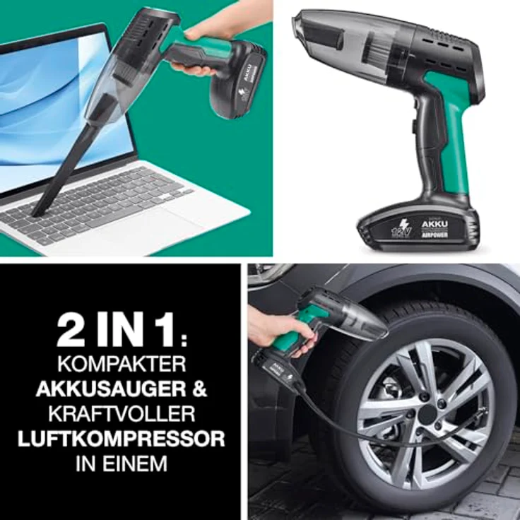 EASYmaxx Akku-Handstaubsauger & Luftkompressor, 11,1V schwarz/grün, mit LED-Display und 5 Pump-Programmen – Bild 2