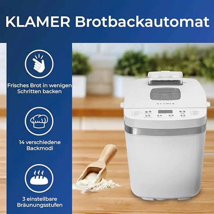 KLAMER Brotbackautomat, 14 Backprogramme, 3 einstellbare Bräunungsstufen, automatische Zubereitung von Brot, Kuchen, Pizzateig, Joghurt & Marmelade, Backform antihaftbeschichtet, Weiß – Bild 2