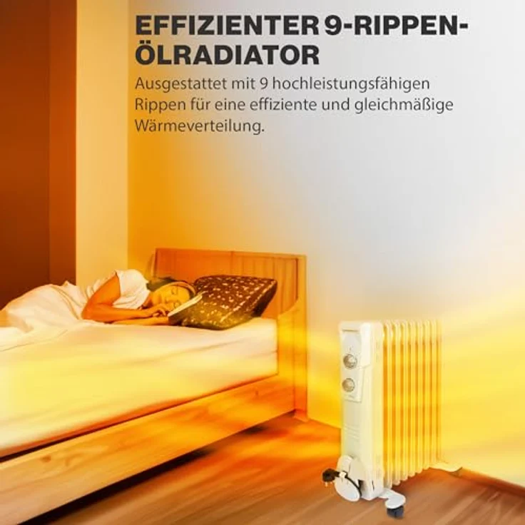 Clatronic RA 3736 9 Rippen-Ölradiator, mobiler Heizkörper bis 2000 Watt, Wärmeregulierung über stufenlosen Thermostatregler, Flexibler Einsatz durch 4 Leichtlaufrollen, Slimline-Bauweise, weiß, Radiator – Bild 3