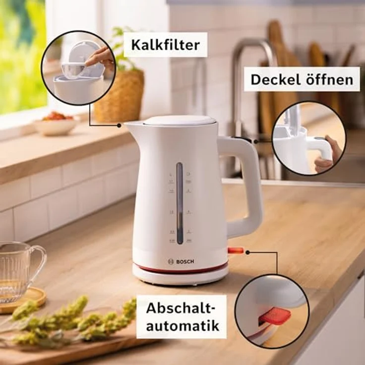Bosch kabelloser Wasserkocher My Moment TWK3M121, Abschaltautomatik, Überhitzungsschutz, Tassenanzeige, beidseitige Wasserstandsanzeige, entnehmbarer Kalkfilter, 1,7 L, 2400 W, Weiß matt – Bild 3