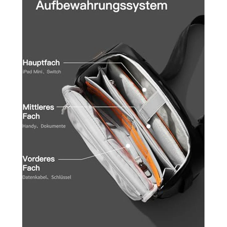 Inateck Crossbody Organizer Bag, spritzwassergeschützte Umhängetasche mit 135° Öffnungsdesign, schwarz – Bild 3