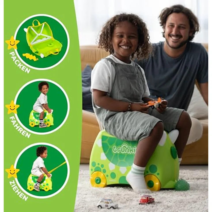 TRUNKI Kinderkoffer Dudley Dinosaurier | Handgepäck mit 18 Liter Kapazität | Trolley zum Draufsitzen | Reisegeschenk für Jungen und Mädchen (Grün) – Bild 3