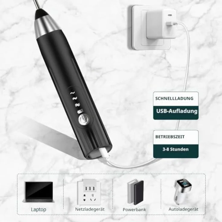 EBUYFIRE Elektrischer Milchaufschäumer, USB wiederaufladbar mit 3 einstellbaren Geschwindigkeiten, Edelstahl für Kaffee und Cappuccino (Silber-Schwarz) – Bild 4