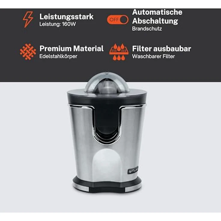 MUSE MS-10 CP Power Juicer, Fruchtsaftpresse aus Edelstahl, Schwarz und Chrom, 160W leistungsstarker Entsafter mit Edelstahlfilter – Bild 3