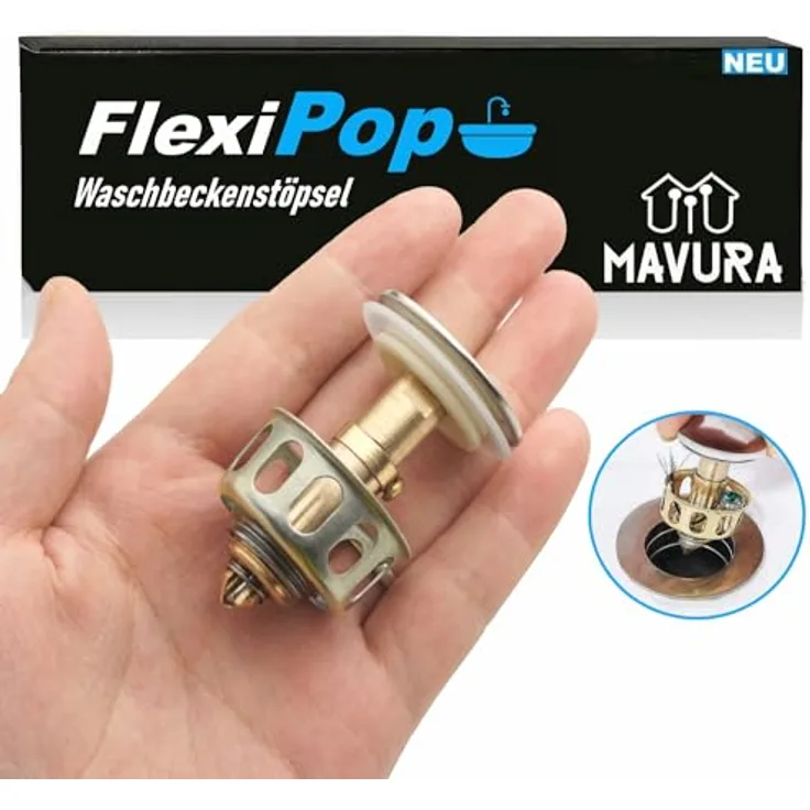 FlexiPop Abfluss Stopfen Abflussstopper Stöpsel Waschbecken, POP UP Stöpsel Ablaufgarnitur Filter Ablauf Garnitur Sieb 35mm