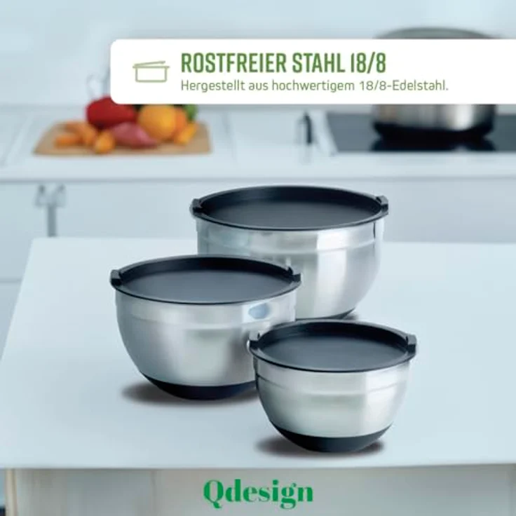 Q Design Rührschüsseln aus Edelstahl mit Deckel - 3er-Set, vielseitig und praktisch – Bild 3