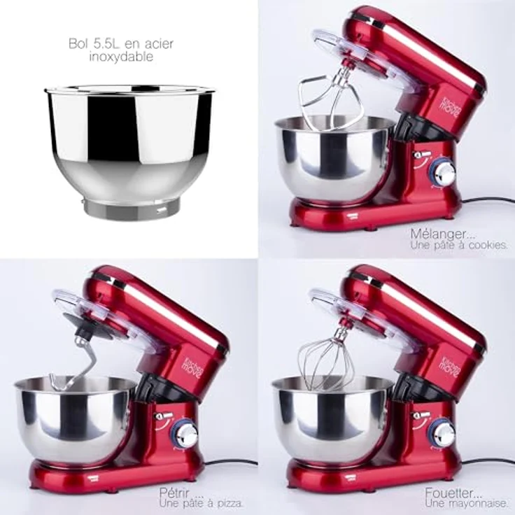 Kitchen Move Küchenmaschine, 1500W, 5,5L Edelstahlschüssel, 6 Geschwindigkeiten, Puls-Funktion, rot – Bild 7