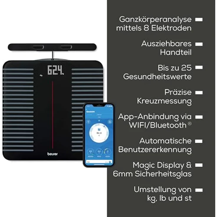 BEURER BF 990 Körper-Analyse-Waage, Diagnosewaage zur Ganzkörperanalyse, 180 kg, App-Verbindung, Handsensoren, 25 Messwerte, WIFI/Bluetooth – Bild 7