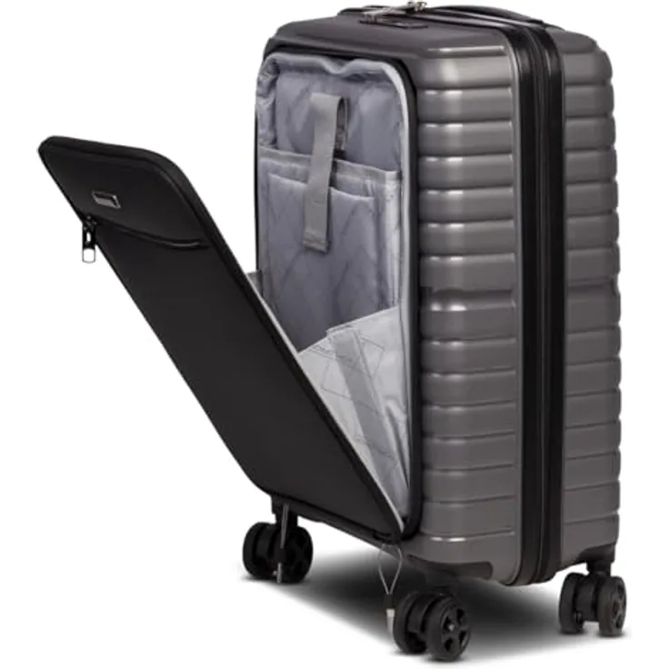 Worldpack 4-Rad Handgepäck Trolley mit Vortasche erfüllt IATA-Bordgepäckmaß, Air Base, Gepäck Serie Dallas: Funktionaler Hartschalen Trolley im coolen Look, 55 cm, 41 Liter, Dunkelgrau