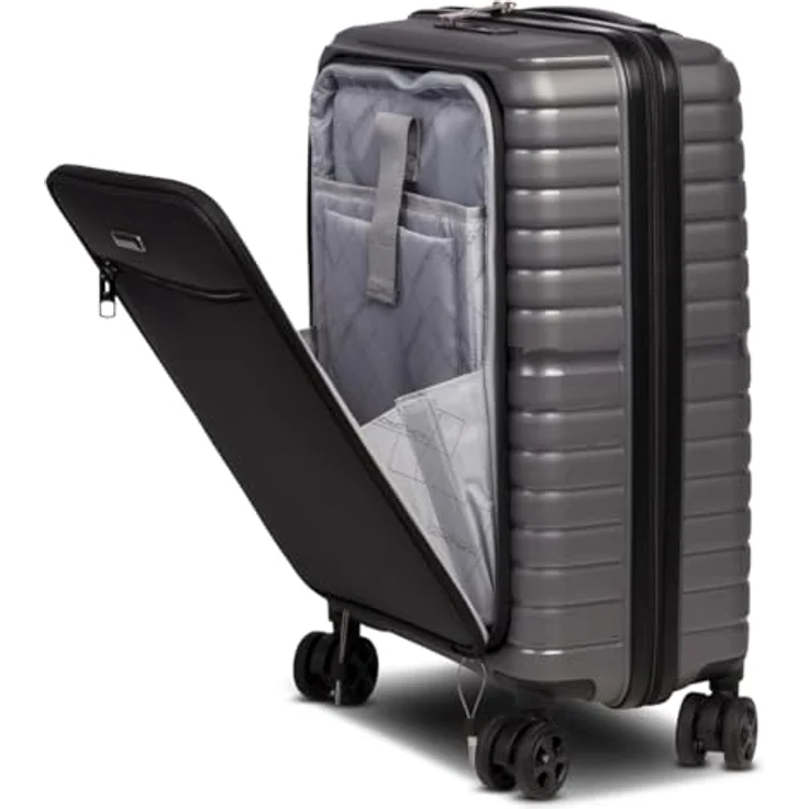 Worldpack 4-Rad Handgepäck Trolley mit Vortasche erfüllt IATA-Bordgepäckmaß, Air Base, Gepäck Serie Dallas: Funktionaler Hartschalen Trolley im coolen Look, 55 cm, 41 Liter, Dunkelgrau – Bild 1