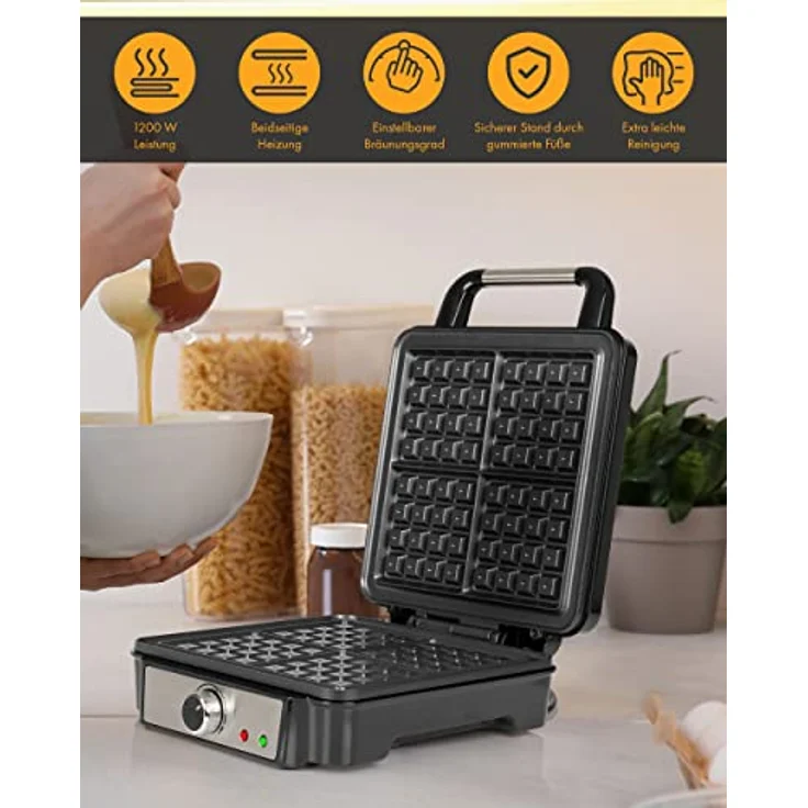 ProfiCook Waffeleisen für belgische Waffeln mit 4 Backflächen, Waffeleisen belgische Waffel 1200 Watt antihaftbeschichtet Edelstahl, stufenlos wählbarer Bräunungsgrad, PC-WA 1241, 501241 – Bild 2