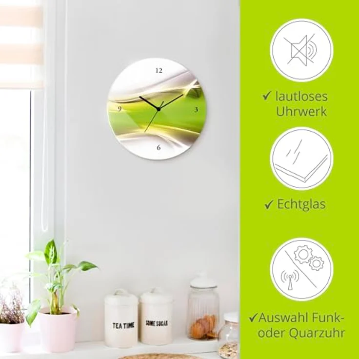 ARTLAND Wanduhr ohne Tickgeräusche Glas Funkuhr Ø 30 cm Rund Lautlos Design Abstrakt Kunst Modern Ausgefallen Kreativ T9HZ – Bild 2