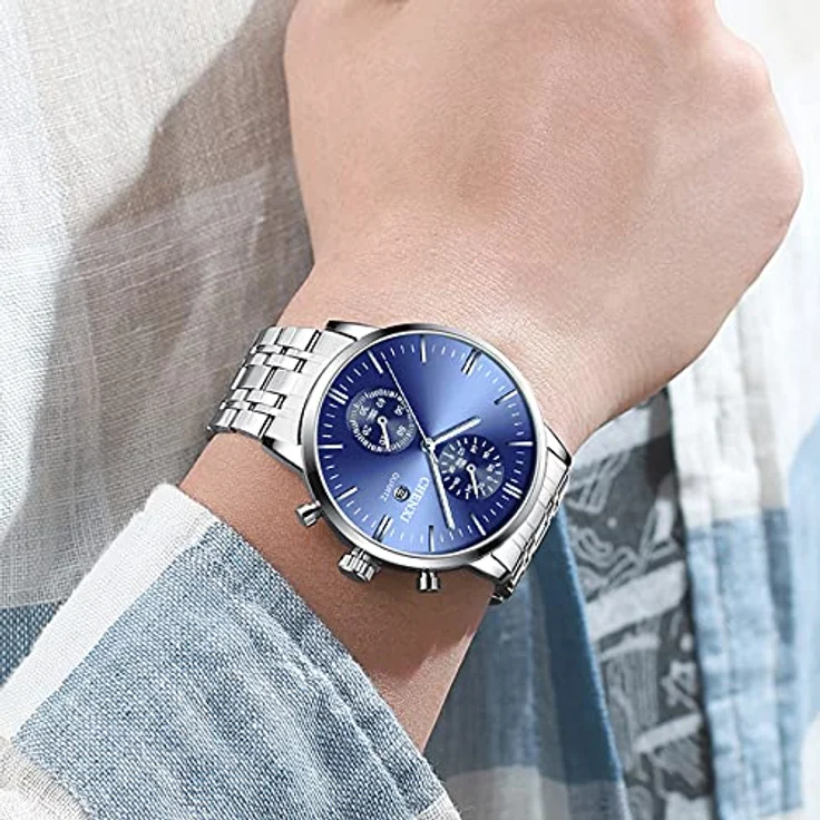 JewelryWe 2PCS Herrenuhr Edelstahl Quarz Analog, Kalenderdatum, 3ATM wasserdicht, Silber Blau – Bild 2