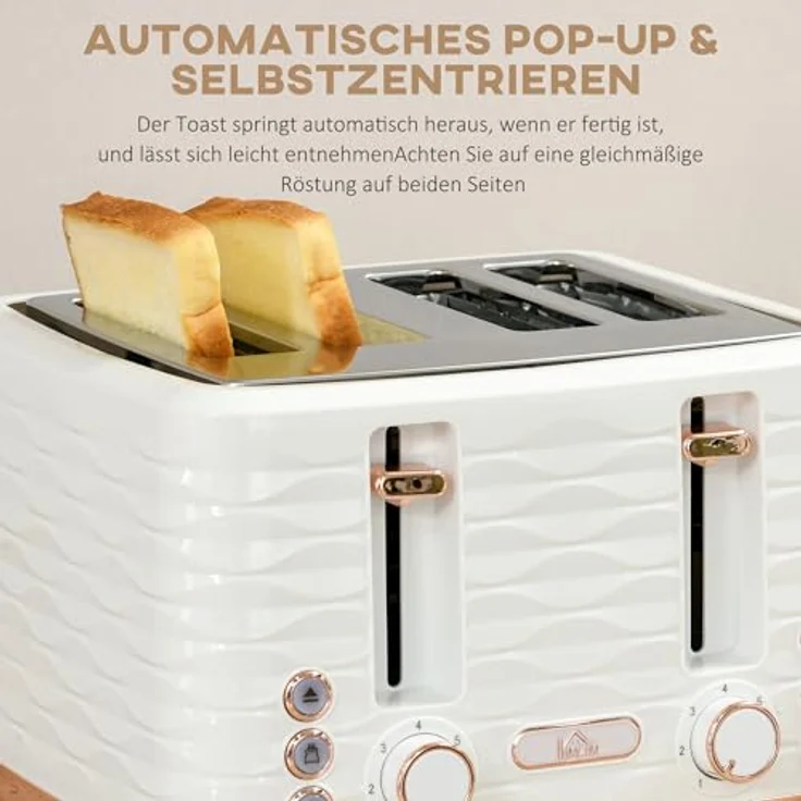 HOMCOM Kocher-Toaster-Set, 4-Scheiben-Toaster und 1,7L Wasserkocher mit Sicherheitsfunktionen, Cremeweiß – Bild 5
