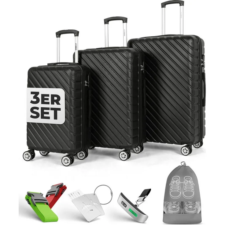 Onbest Kofferset 3er Hartschalen Trolley Set PREMIUM, schwarz, 20", 24", 28", wasserabweisend, mit Zubehör, 4 Rollen