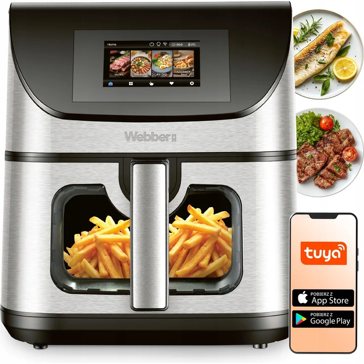 WEBBER AF938TFT, Heißluftfritteuse mit 8 l Volumen, Temperaturbereich 40 °C - 200 °C, 60 Minuten Timer, Schwarz/Silber