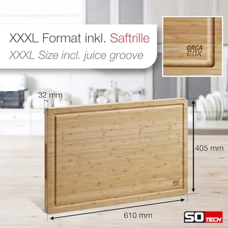 Orga-Box ORGA-BOX Schneidebrett aus 100% Bambus XXXL, 61x40,5x3,2 cm, antibakteriell, rutschfest, mit Saftrille und Griffmulde – Bild 3