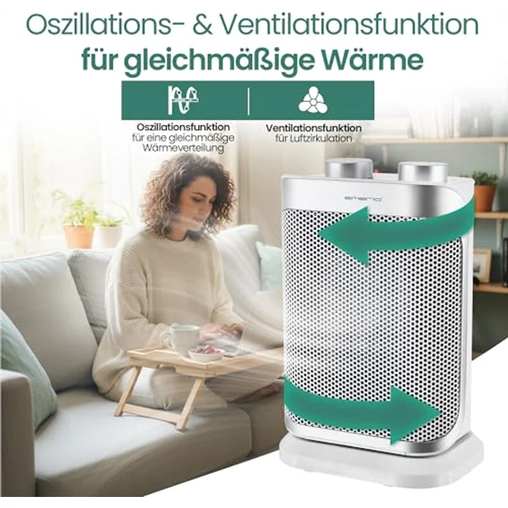 EMERIO FH-110691.4 Heizlüfter, 1500W, für Räume bis 15 m², mit PTC-Keramik-Heizelement, oszillierend, 2 Heizstufen, Einstellbarer Thermostat, Ventilatorfunktion, Kippschutz, silber – Bild 4