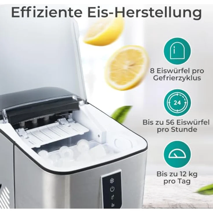 KLAMER Edelstahl Eiswürfelmaschine, 12 kg/24h, 8 Würfel in 8 Min, 1L Wassertank, geräuscharmer Kompressor, Touch Display – Bild 4