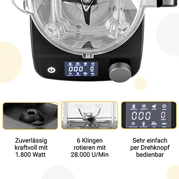 KLAMER K-PB-GY-1800 Power Mixer Standmixer, 1800W, 1,75L, Smoothie Maker, 28000 U-Min, 9 Programme und 8 Klingen, BPA frei, schwarz – Bild 3