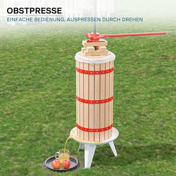 Wiltec 30L Obstpresse aus Buchenholz Saftpresse mit 3 passenden Presstüchern Weinpresse aus Holz in rot - Ideal zum Wein und Apfelsaft selber machen – Bild 3