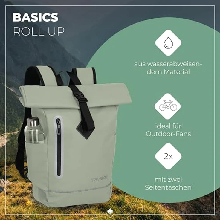 travelite BASICS Roll-Up Rucksack, wasserdichter Freizeitrucksack mit atmungsaktiver Rückwand und reflektierenden Applikationen, schwarz – Bild 2