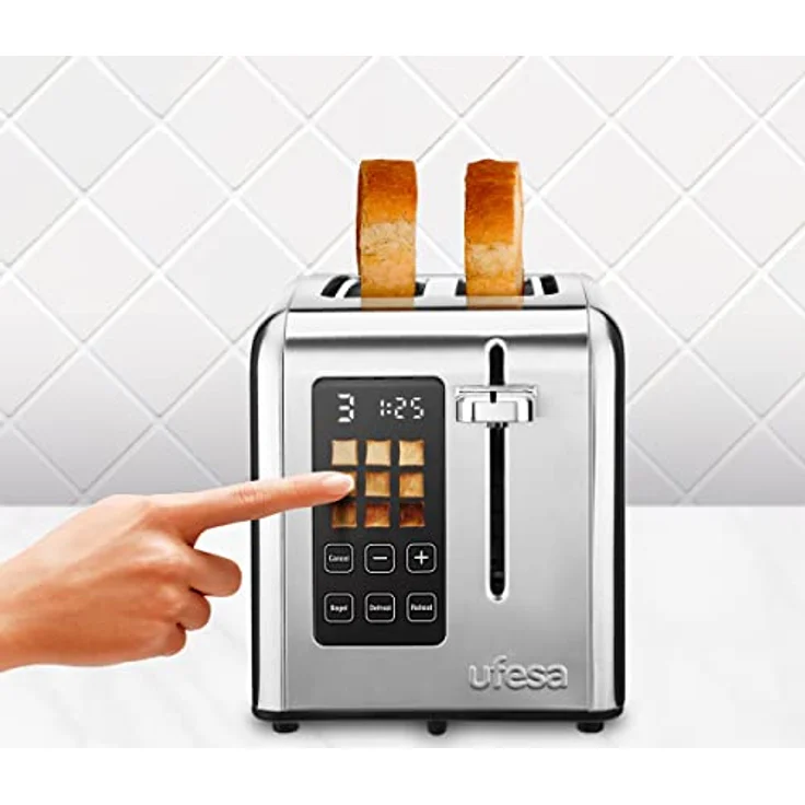 Ufesa Digital Future Toaster Edelstahl mit 2 Scheiben, 950W Leistung, 9 Bräunungsgrad für Brot und Bagel, Touchscreen, Auftaufunktion – Bild 2