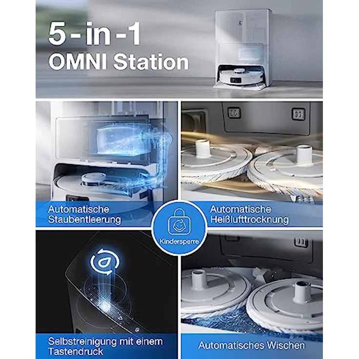 ECOVACS DEEBOT X1 e OMNI Saugroboter mit Wischfunktion ( 5000Pa, Selbstwaschend/Selbstheißlufttrockend/Selbstentleerend Dock, AIVI-Hinderniserkennung, OZMO Turbo 2.0, Yiko Sprachassistent, 260min) – Bild 3