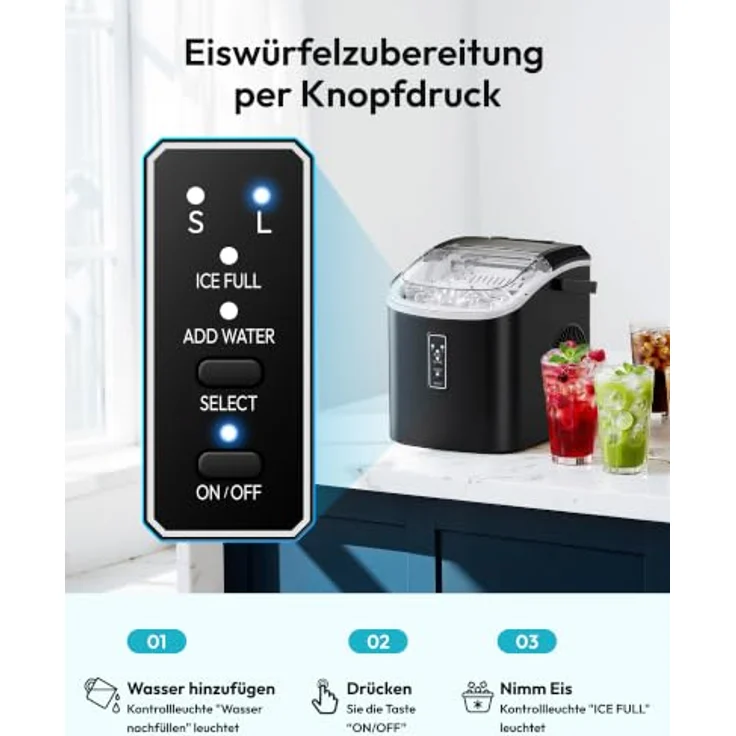 EUHOMY Eiswürfelmaschine Edelstahl, silber, 9 Eiswürfel in 6 Minuten, selbstreinigend, 1,2 Liter Tank – Bild 6