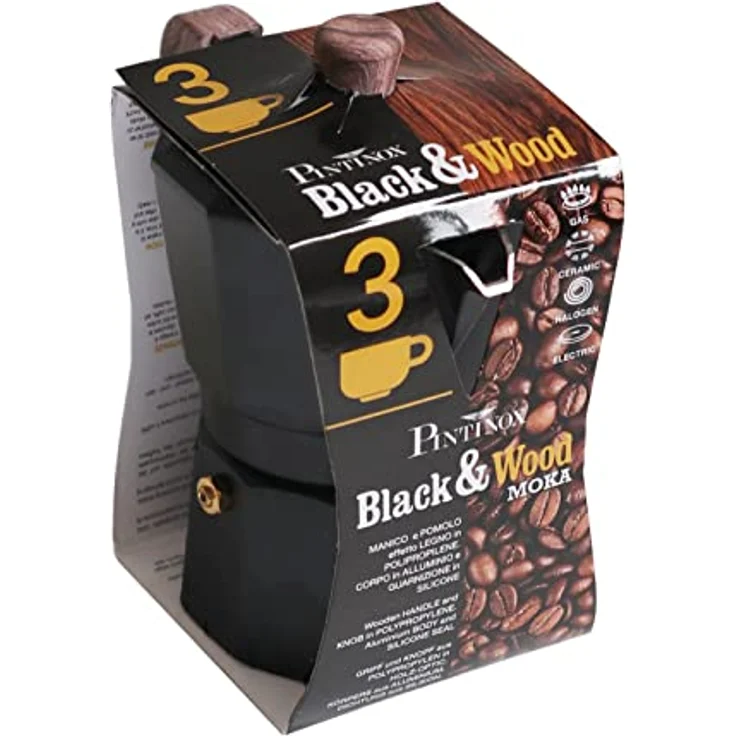 PINTINOX Espressokocher BLACK&WOOD, traditioneller Kaffeekocher aus Edelstahl für perfekten Espresso – Bild 2