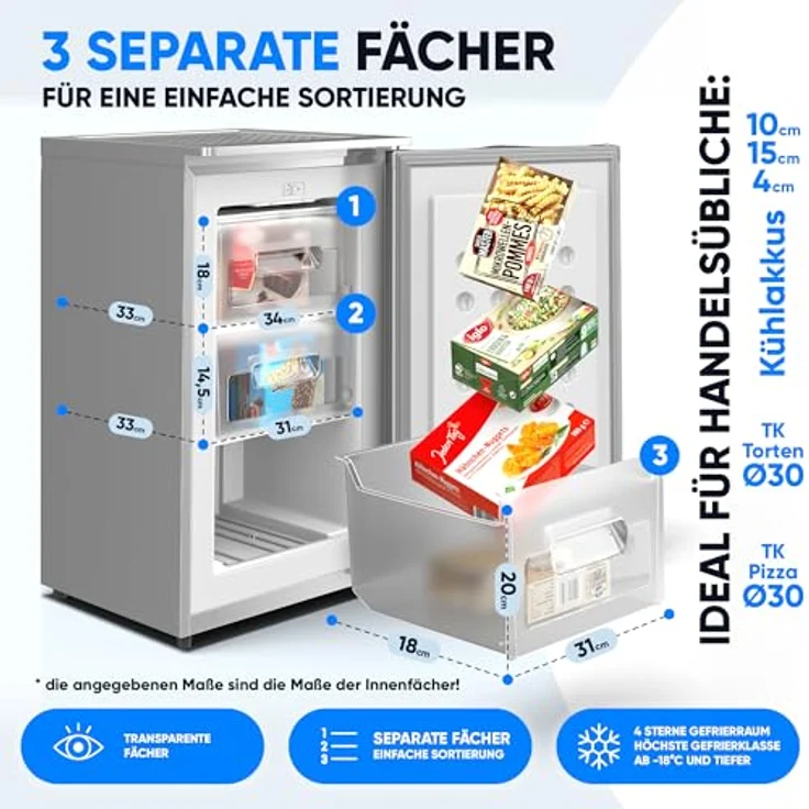 Stillstern Gefrierschrank E (73L) 4-Sterne-Gefrierfach -18°C, geringer Energieverbrauch, 3 Fächer, stufenlos regelbare Temperatur, wechselbarer Türanschlag, Gefrierschrank Klein, Tiefkühlschrank - Weiß – Bild 4