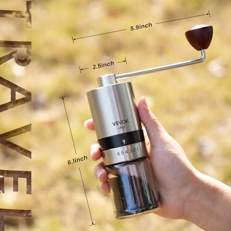 VEVOK CHEF Manuelle Kaffeemühle Edelstahl mit 6 Einstellmöglichkeiten, tragbare Handkurbelmühle für Zuhause und Camping – Bild 3