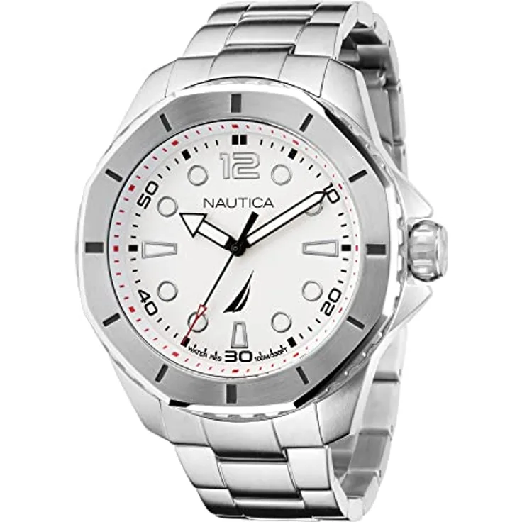 Nautica Men's KOH May Bay Stainless Steel Bracelet Watch (Model: NAPKMF204) - Silbernes Zifferblatt, wasserdicht bis 100 m