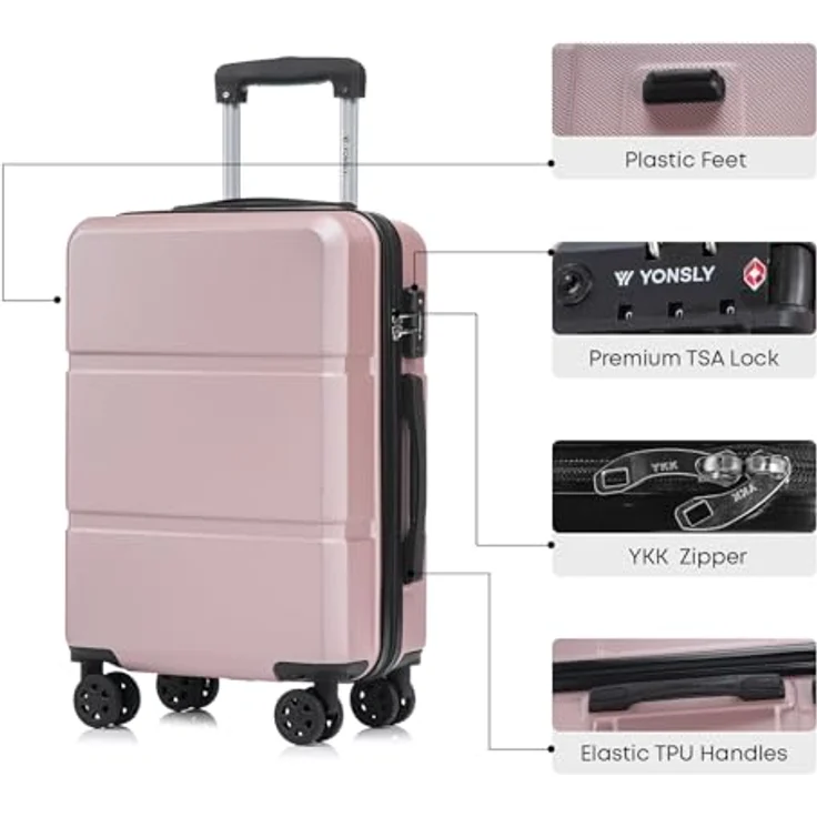 yonsly Reisekoffer M, Hartschalen-Koffer mit TSA-Schloss, YKK-Reißverschluss, 4 Rollen, Roségold, Handgepäck (56x37x23 cm, 2,4 kg) – Bild 3