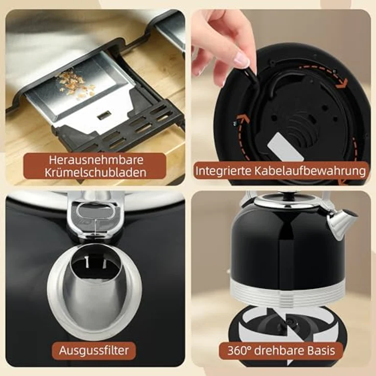 HOMCOM Toaster-Set mit Wasserkocher, 2200 W, 1.7 L, 7 Bräunungsstufen, Strix-Thermostat, Schwarz mit Edelstahlakzenten – Bild 9