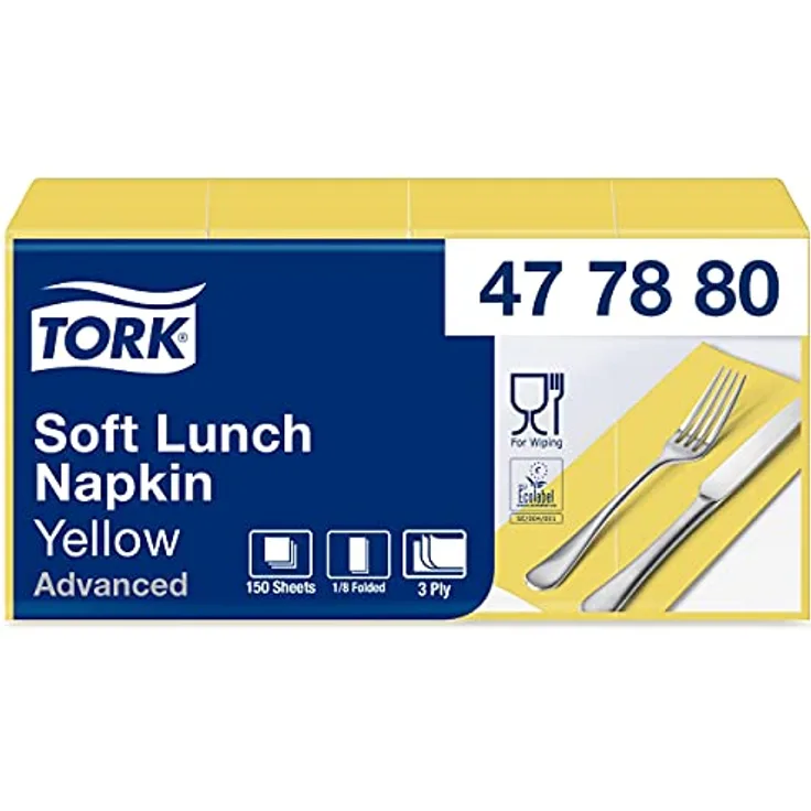 Tork 477880 Soft Lunchservietten Gelb 1/8 Falz / 3-lagige, vorgefaltete Servietten für kleine Gerichte oder Snacks / Advanced Qualität / 10 x 150 (1500) Papierservietten / 32,6 x 33 cm (B x L)