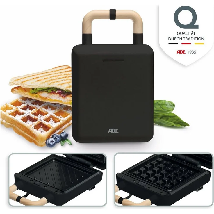ADE 2-in-1-Kombi-Waffeleisen KG2138, 600 W, wechselbare Platten für Belgische Waffeln und XL-Sandwiches, Schwarz