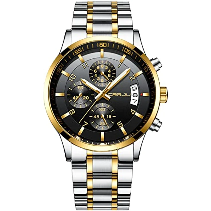 CRRJU Herren Chronographen Armbanduhr, Wasserdicht mit Kalender, Edelstahlarmband in Silber, Gold und Schwarz – Bild 1