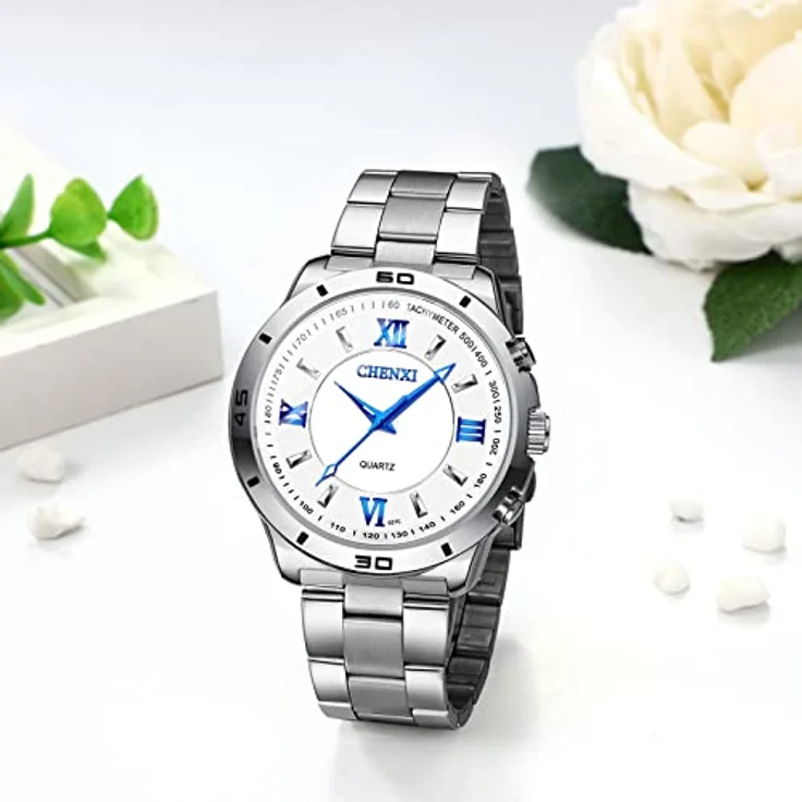 JewelryWe Herren Armbanduhr Analog Quarz, 30M wasserdicht, Edelstahlarmband, römische Ziffern, leuchtende Zeiger, weiß – Bild 5