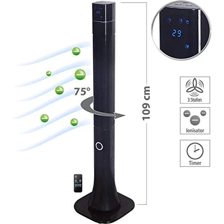 Sichler Haushaltsgeräte Standlüfter VT-380, Ionisator, 75°-Oszillation, 60 W (Luftreinigung, 3-Stufen, 120 cm, Schwarz) – Bild 3