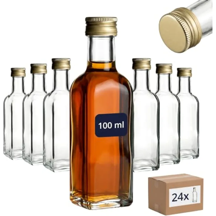 gouveo Trinkflasche Glasflaschen 100 ml Maraska mit Schraub-Deckel - Kleine Flasche 0,1l, 24er Set, transparent-goldfarben