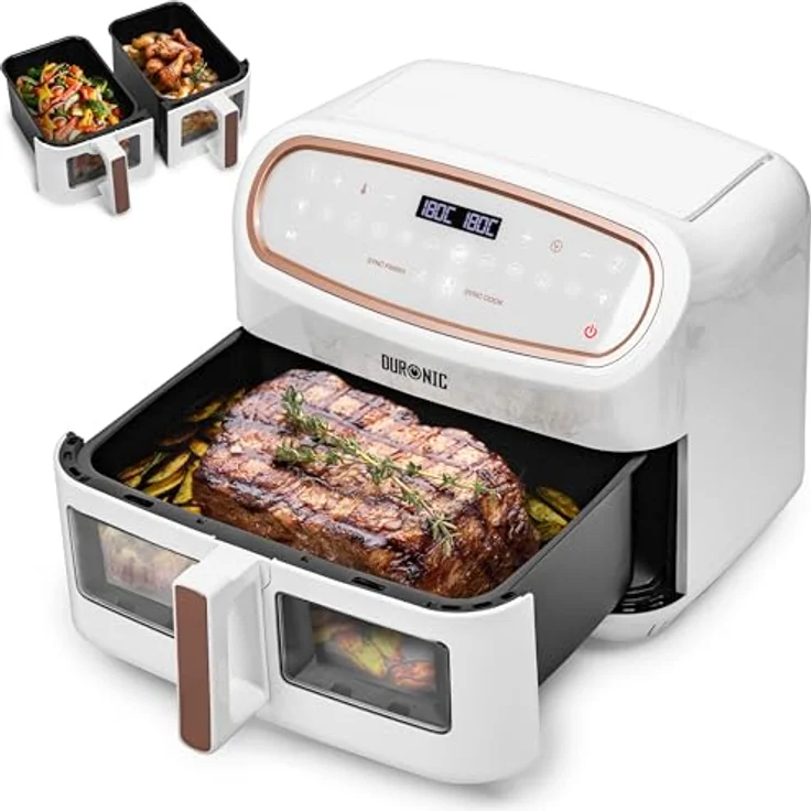 Duronic AF34 WE Heißluftfriteuse, XXL Heißluftfritteuse mit 2 Kammern für Pommes, 10L Volumen Airfryer - Weiß – Bild 1