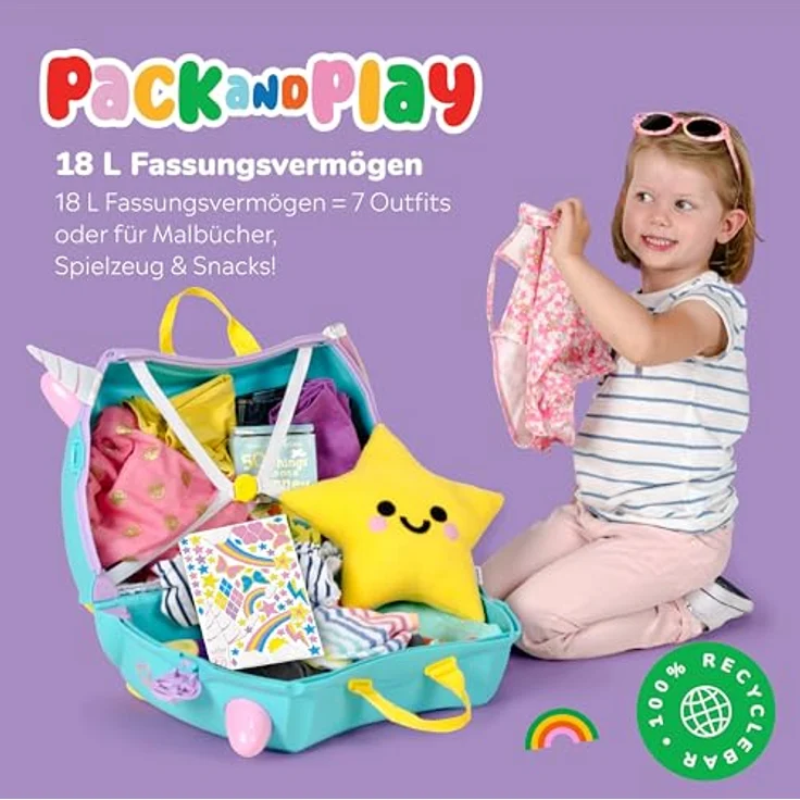 TRUNKI Handgepäck Und Kinderkoffer zum Draufsitzen | Kinder Risen Geschenk für Mädchen Und Jungen | Trolley Una Unicorn (Blaugrün) – Bild 4